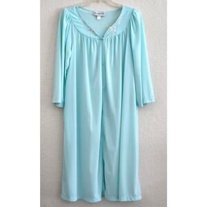 Nightgown-Miss Elaine-Blue-Nylon-Long-Button Up Front-White Floral at Neck-Small